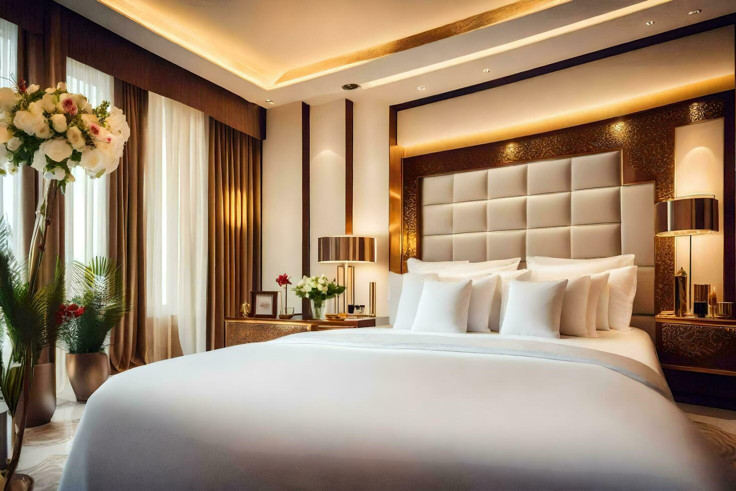 een bed of bedden in een kamer Bij de ritz Carlton Peking. ai-gegenereerd foto