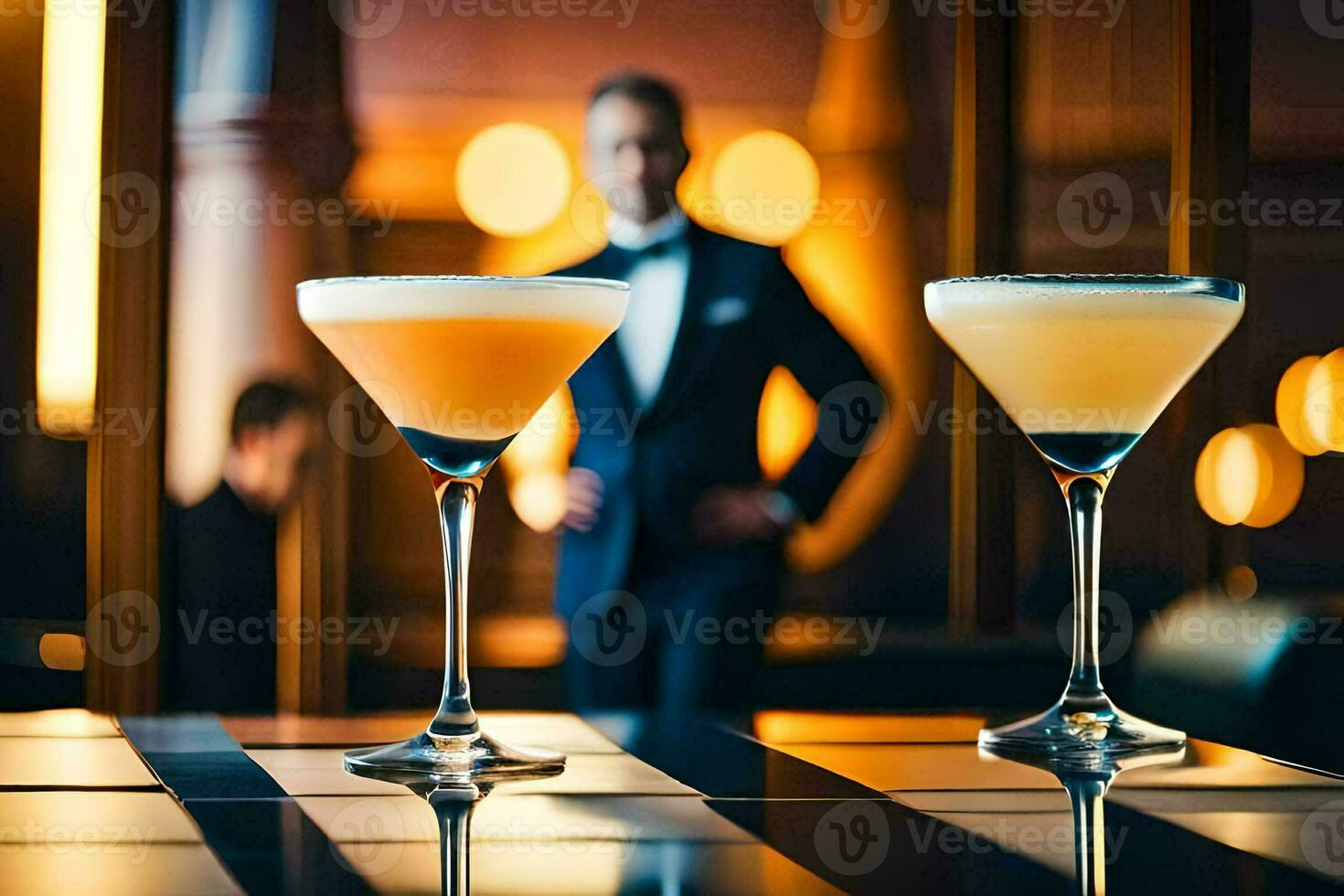 twee cocktails Aan een tafel met een Mens in een smoking. ai-gegenereerd foto