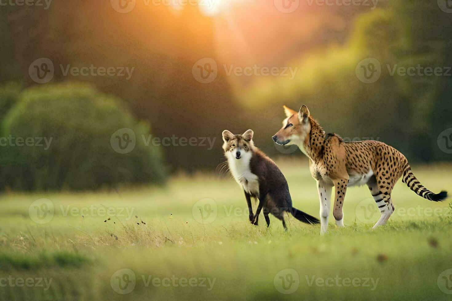 twee vossen zijn wandelen in de gras. ai-gegenereerd foto