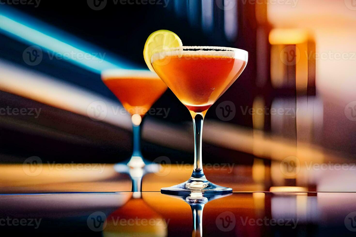 twee cocktails zitten Aan een tafel met een helder licht achter hen. ai-gegenereerd foto