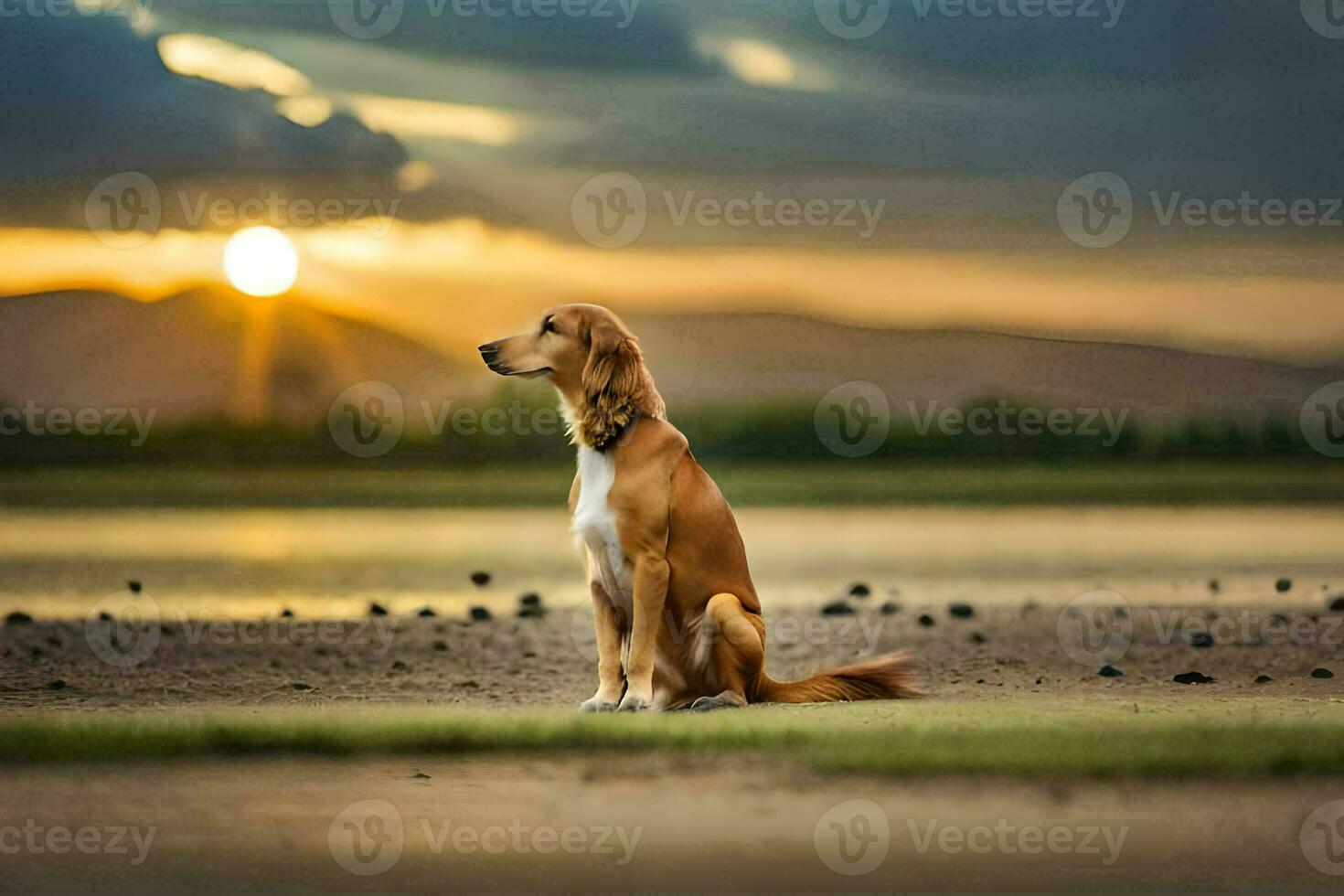 een hond zittend Aan de strand Bij zonsondergang. ai-gegenereerd foto