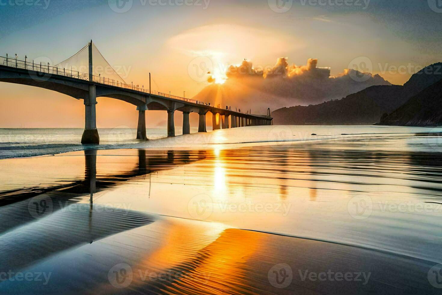 de zon sets over- een brug Aan de strand. ai-gegenereerd foto