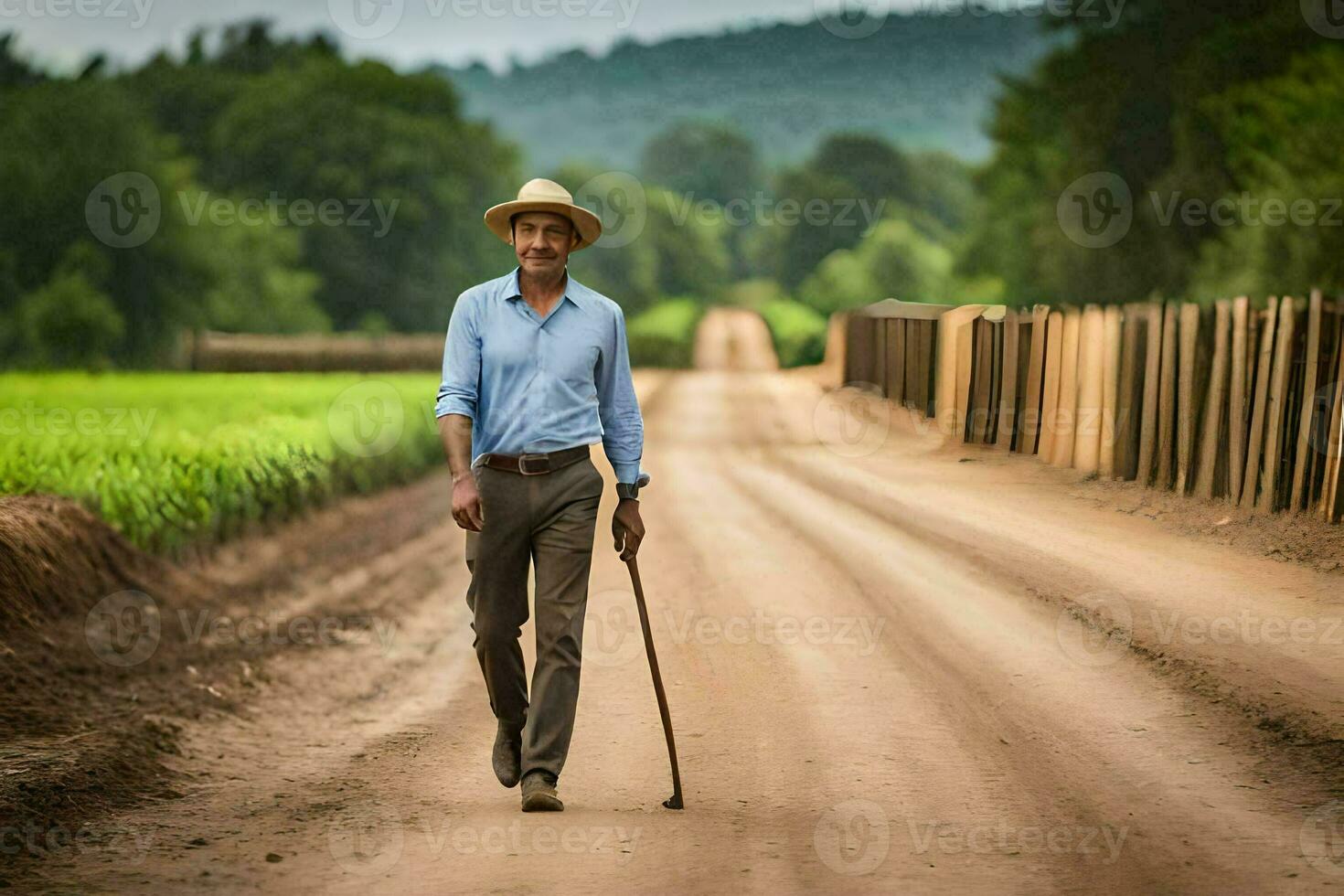 een Mens wandelen naar beneden een aarde weg met een riet. ai-gegenereerd foto