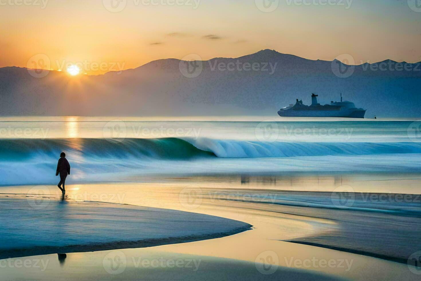 een Mens wandelingen langs de strand Bij zonsondergang met een schip in de achtergrond. ai-gegenereerd foto