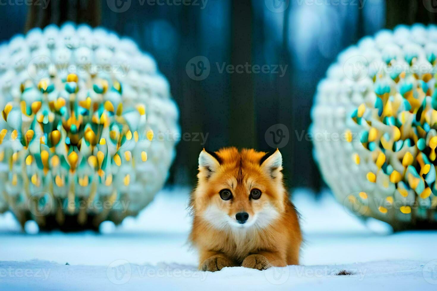 een vos zittend in de sneeuw De volgende naar twee groot ballen. ai-gegenereerd foto