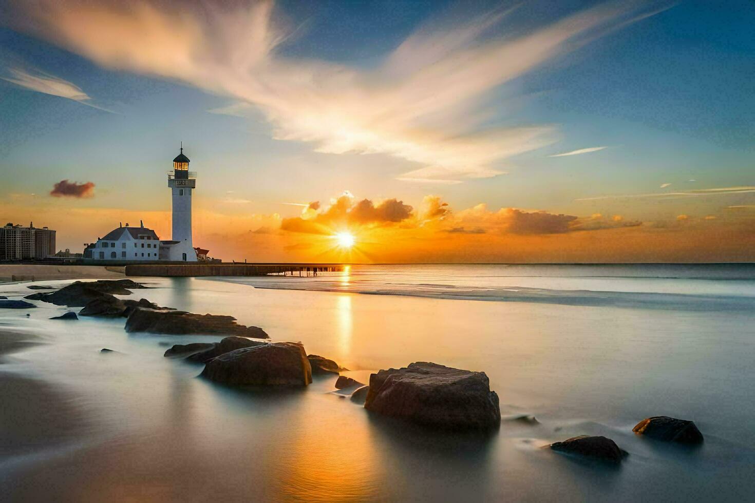 een vuurtoren staat Aan de strand Bij zonsondergang. ai-gegenereerd foto