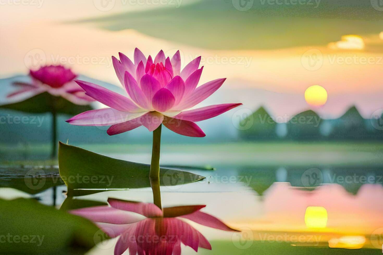 roze lotus bloemen in de water Bij zonsondergang. ai-gegenereerd foto