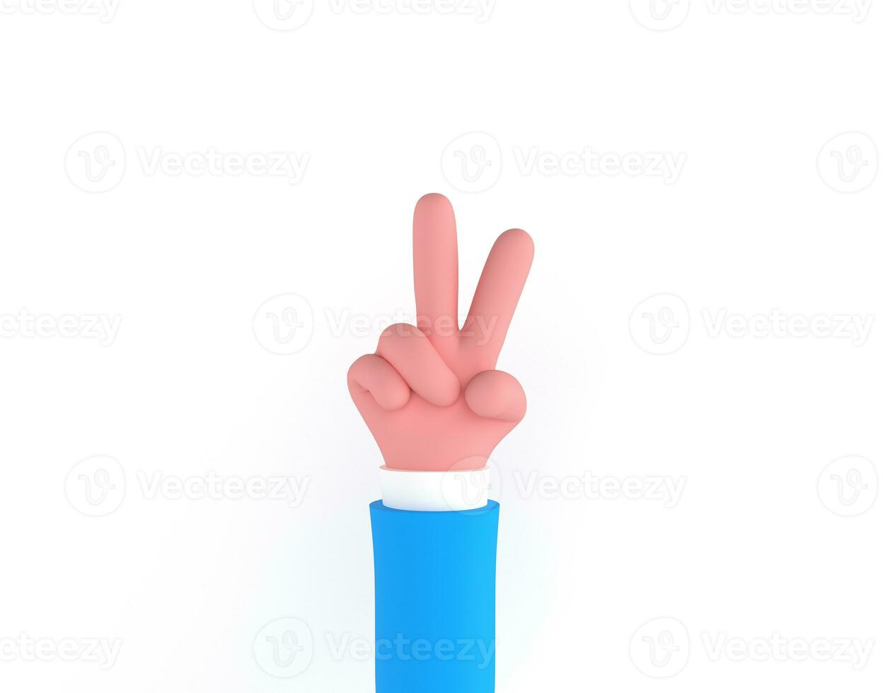 vrede hand- symbool, zege teken gebaar, twee vingers hand- geïsoleerd Aan wit achtergrond, 3d weergave. minimaal mode, tekenfilm lichaam een deel, roze blauw pastel kleuren handen gebaren 3d tekenfilm grappig foto