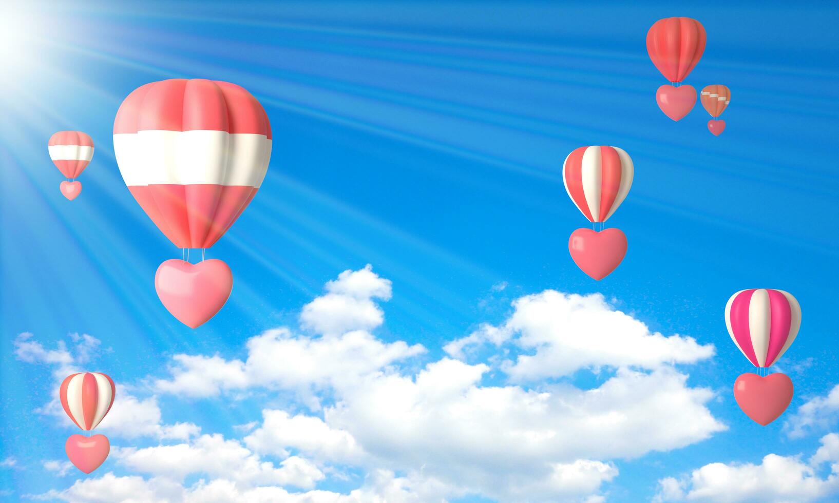 kleurrijk heet lucht ballonnen hart stijgende lijn bovenstaand sereen de oceaan zeegezicht met blauw lucht achtergrond. mooi zon licht heet lucht ballon over- de zee en wit wolken. 3d weergave. illustratie digitaal foto