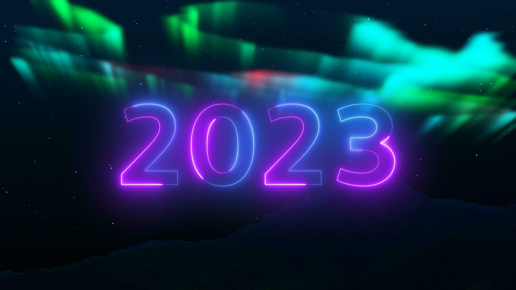 top tien countdown neon licht helder gloeiend getallen van 10 naar 1 seconden en gelukkig nieuw jaar 2023. lus Aurora borealis melkachtig manier heelal. sterren gesimuleerd noordelijk lichten Aan arctisch lucht, Aurora borealis foto