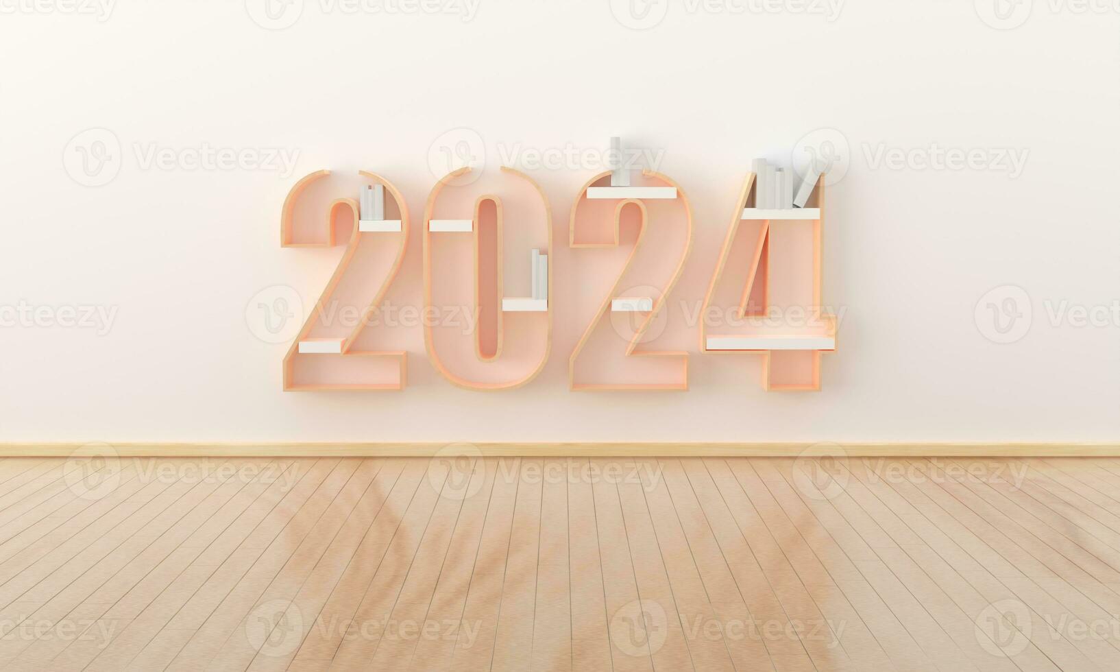 2024 gelukkig nieuw jaar onderwijs en minimaal concept. boekenkasten hout voor decoratie in kamer. minimaal Japan stijl. bespotten omhoog ruimte voor Scherm van Product vakantie viering groet kaart 3d weergave. foto
