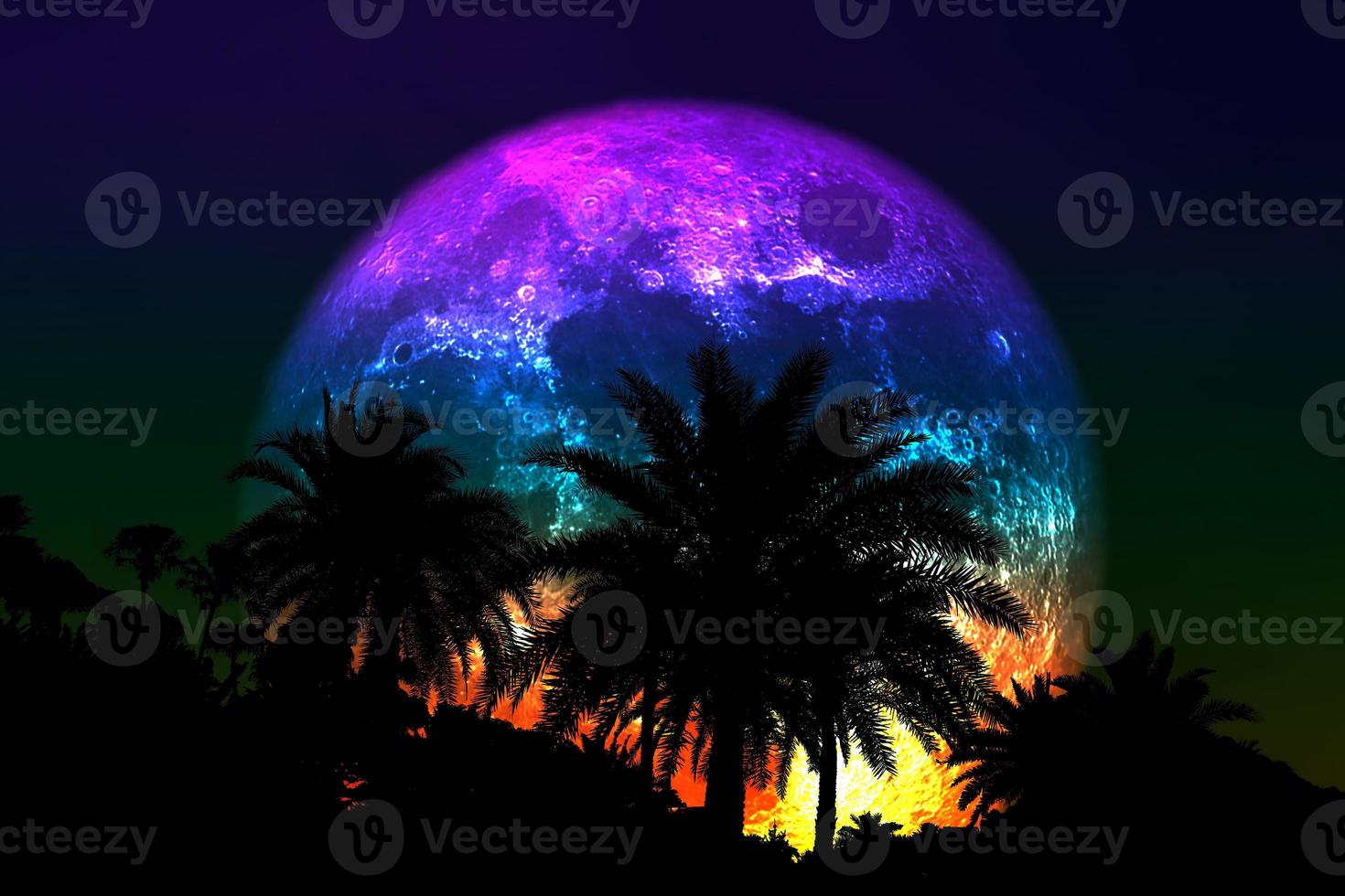 super bloem kleurrijke maan met silhouet palmboom aan de nachtelijke hemel foto