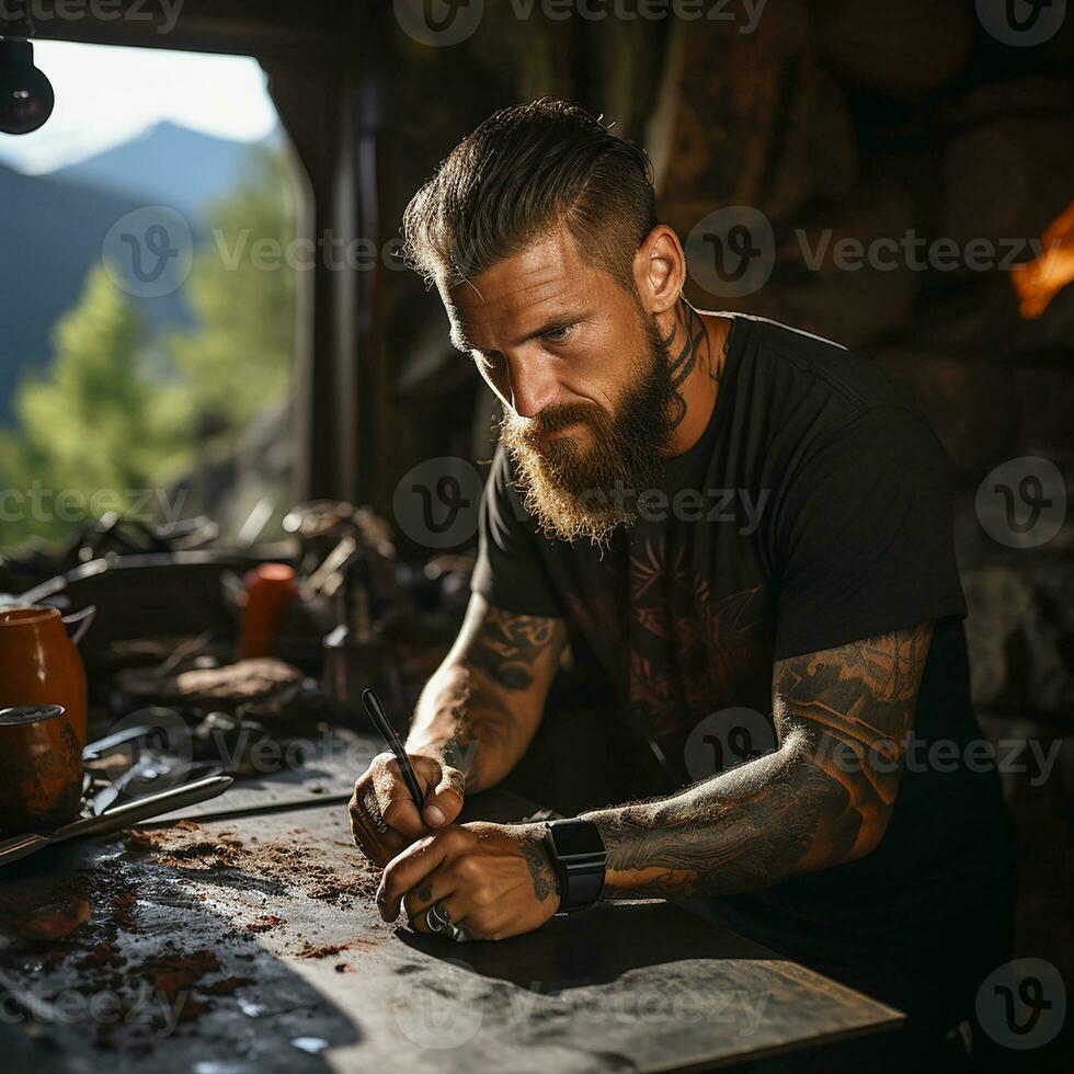 portret van een brutaal Mens met baard en tatoeages in zijn werkplaats.generatief ai foto