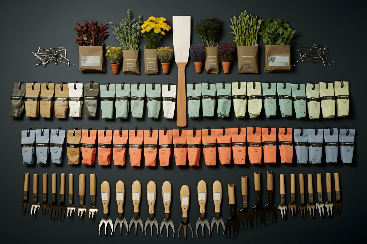 reeks van tuinieren gereedschap en bloempotten collage. ai gegenereerd foto