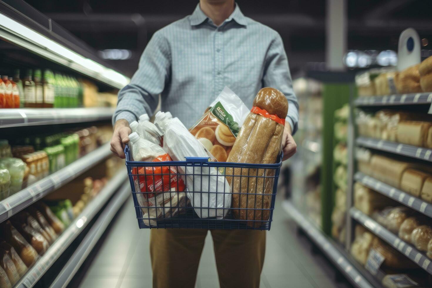 Mens Holding boodschappen doen mand met brood en melk boodschappen in supermarkt. ai gegenereerd foto