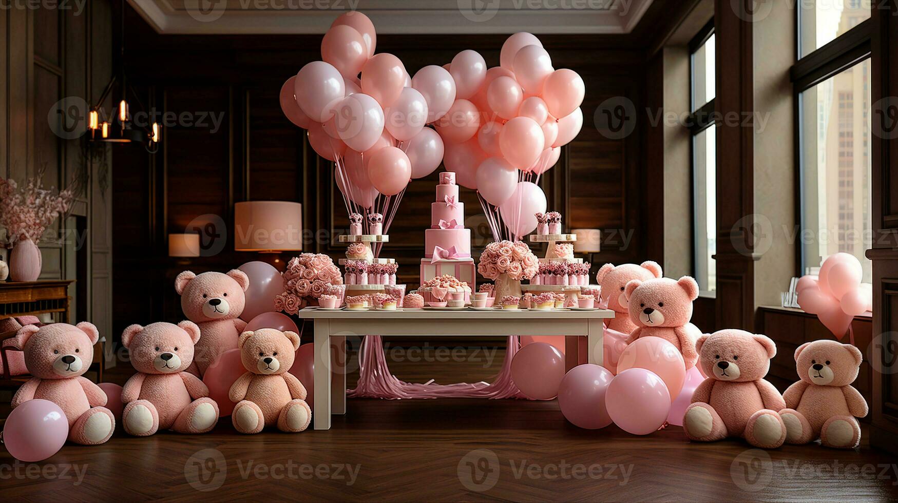 baby douche kamer interieur decoratie met roze ballonnen en taart, kinderen vieren een blij partij, Welkom baby vieren, ai-gegenereerd foto