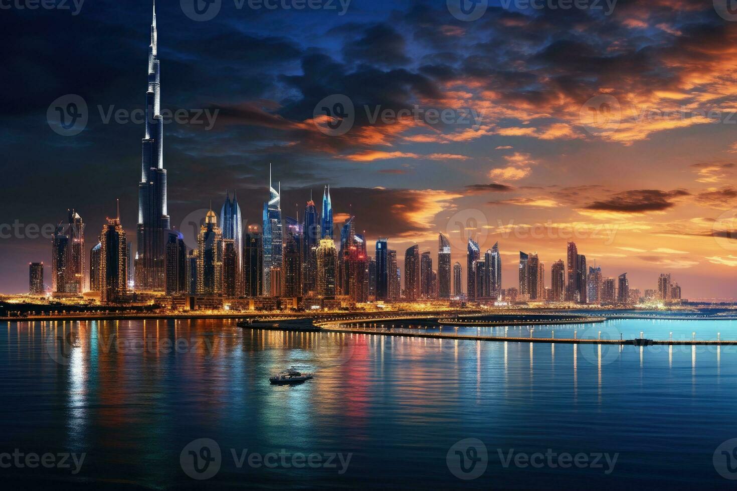 Dubai jachthaven Bij zonsondergang in dubai, vae. Dubai was de snelste ontwikkelen stad in de wereld tussen 2002 en 2008, Dubai en de Perzisch golf Bij avond, ai gegenereerd foto