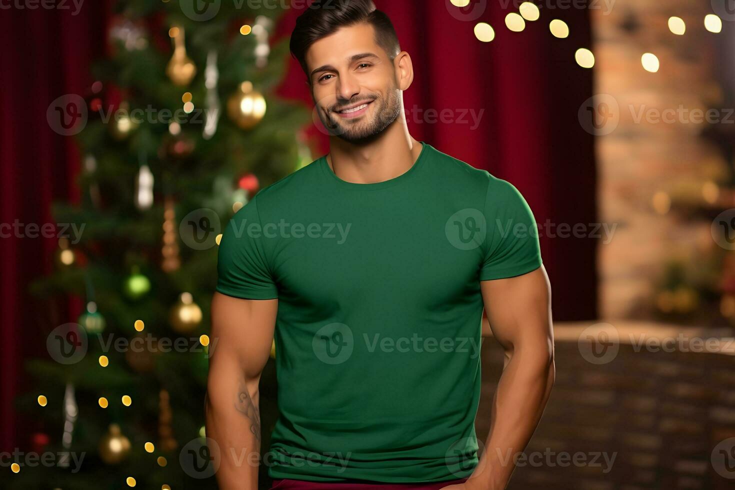 Mens vervelend blanco groen t-shirt Kerstmis groen overhemd mockup , gemaakt met generatief ai technologie foto