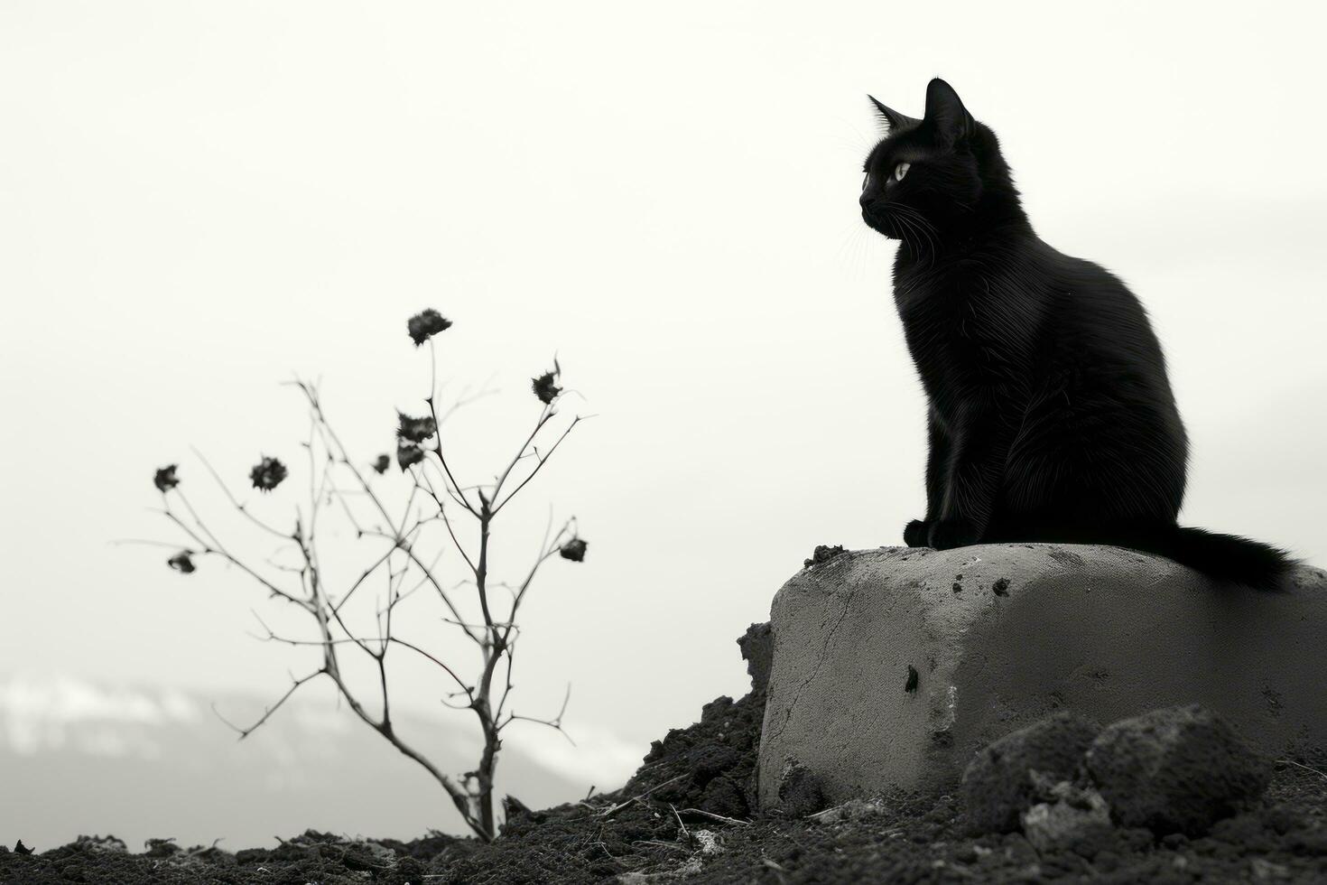 een zwart en wit foto van een kat zittend Aan een rots generatief ai