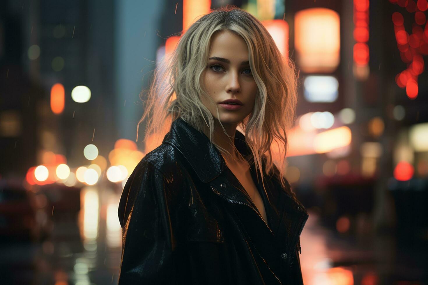 een mooi blond vrouw in een zwart leer jasje staand in de regen generatief ai foto