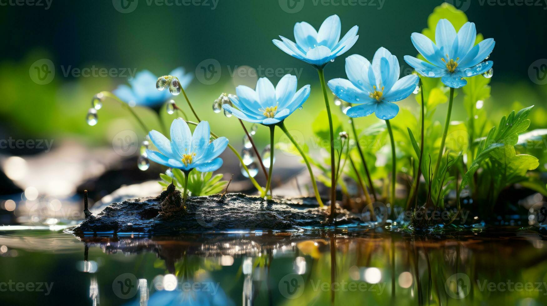 blauw bloemen in de water met water druppels Aan hen generatief ai foto