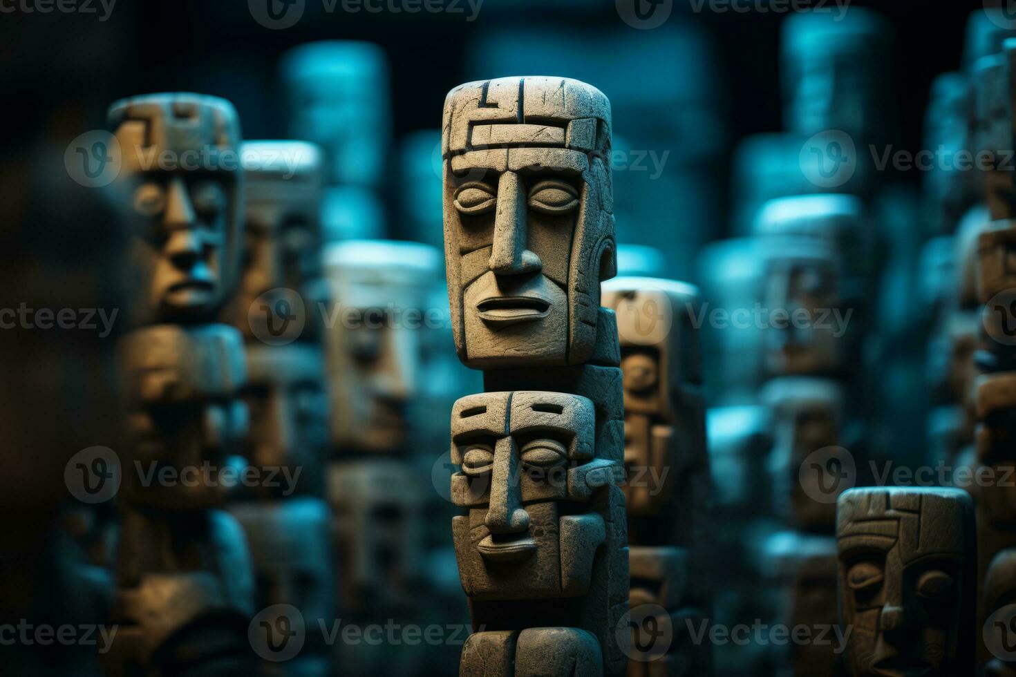 een groep van houten standbeelden met gezichten Aan hen generatief ai foto