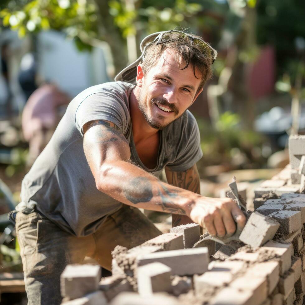 metselaar houdende bakstenen naar bouwen een muur foto