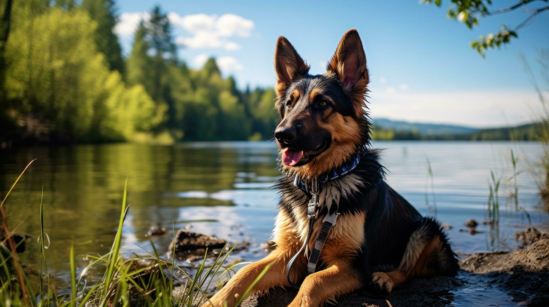 een loyaal Duitse herder zittend door een meer met een bruin riem foto