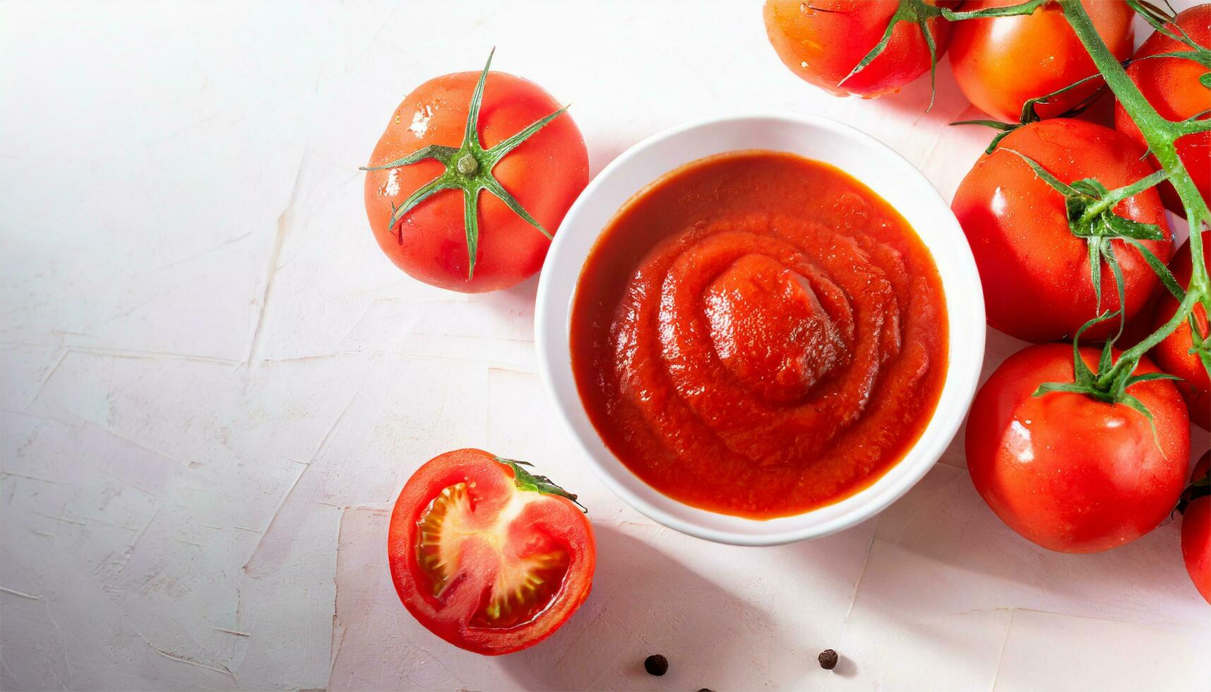 tomaat saus in een kom en vers tomaten Aan een wit achtergrond. ai gegenereerd foto