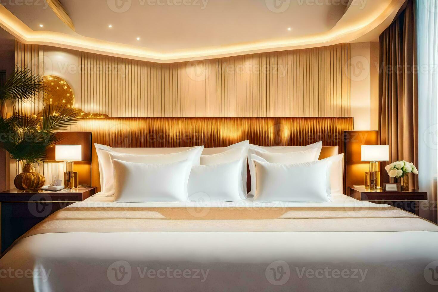 een bed of bedden in een kamer Bij de ritz Carlton Peking. ai-gegenereerd foto