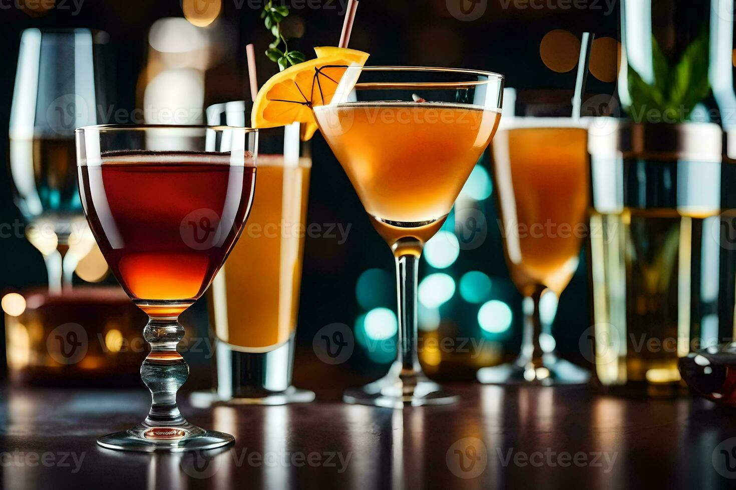een groep van verschillend alcoholisch drankjes Aan een tafel. ai-gegenereerd foto