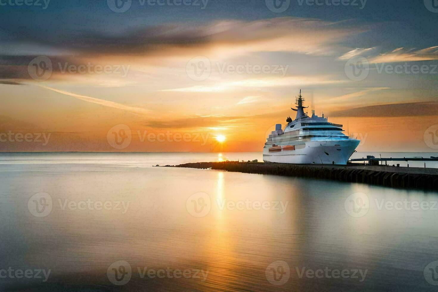 een reis schip aangemeerd Bij de pier Bij zonsondergang. ai-gegenereerd foto