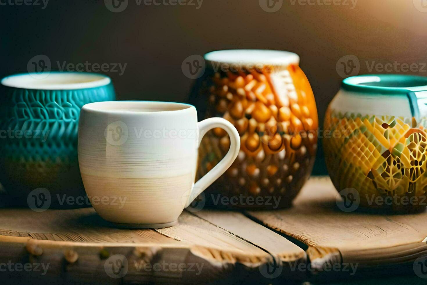 een groep van kleurrijk keramisch mokken zittend Aan een houten tafel. ai-gegenereerd foto