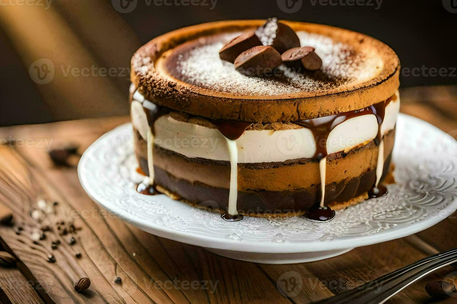 een chocola taart met chocola en room Aan top. ai-gegenereerd foto