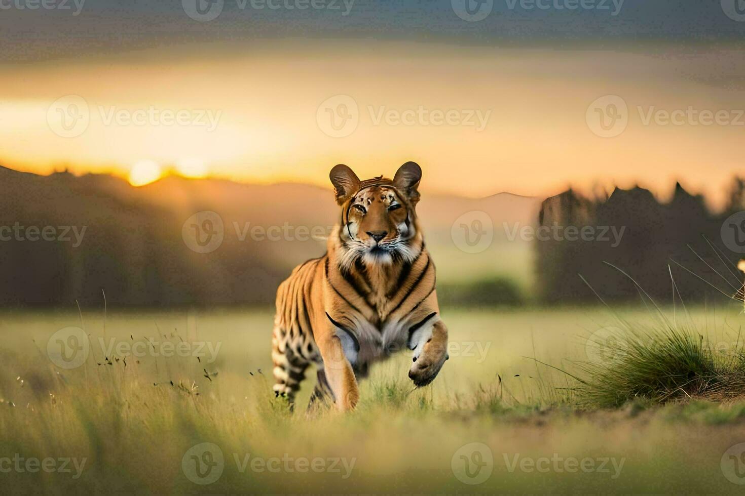 een tijger wandelen aan de overkant een veld- Bij zonsondergang. ai-gegenereerd foto