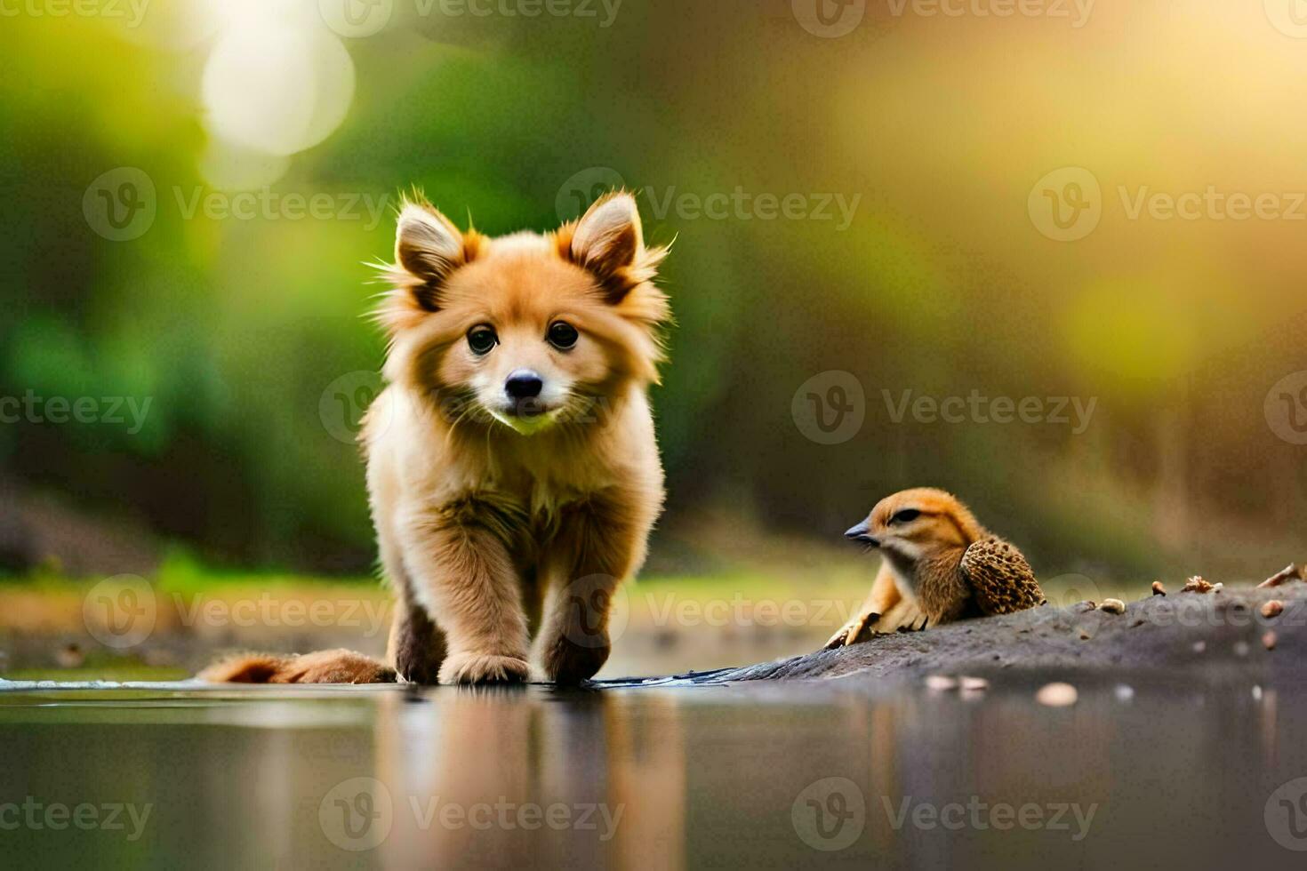 een hond en een vogel wandelen in de water. ai-gegenereerd foto