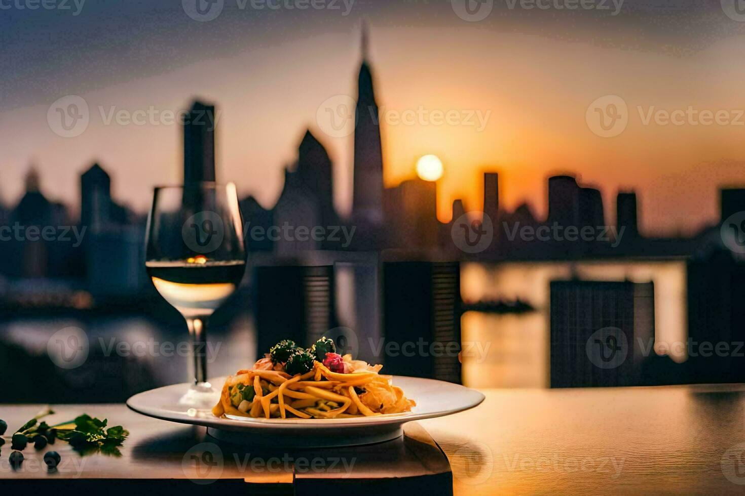 een bord van pasta en een glas van wijn Aan een tafel in voorkant van een stad horizon. ai-gegenereerd foto