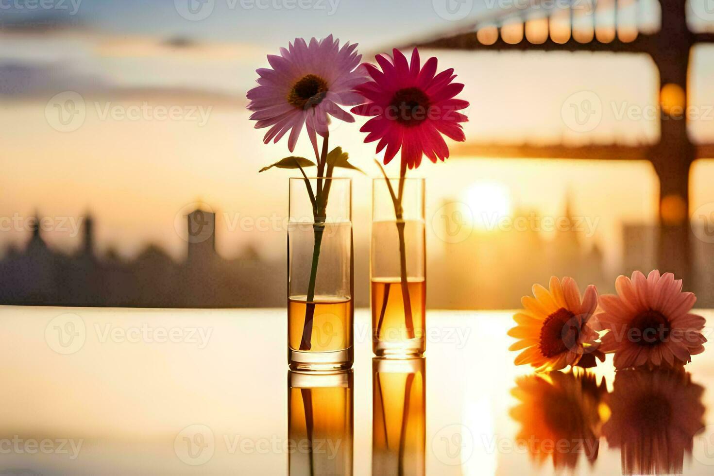 twee vazen met bloemen Aan een tafel met een zonsondergang in de achtergrond. ai-gegenereerd foto