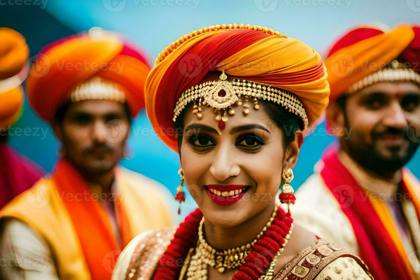 een bruid in traditioneel Indisch kleding met haar bruidsmeisjes. ai-gegenereerd foto