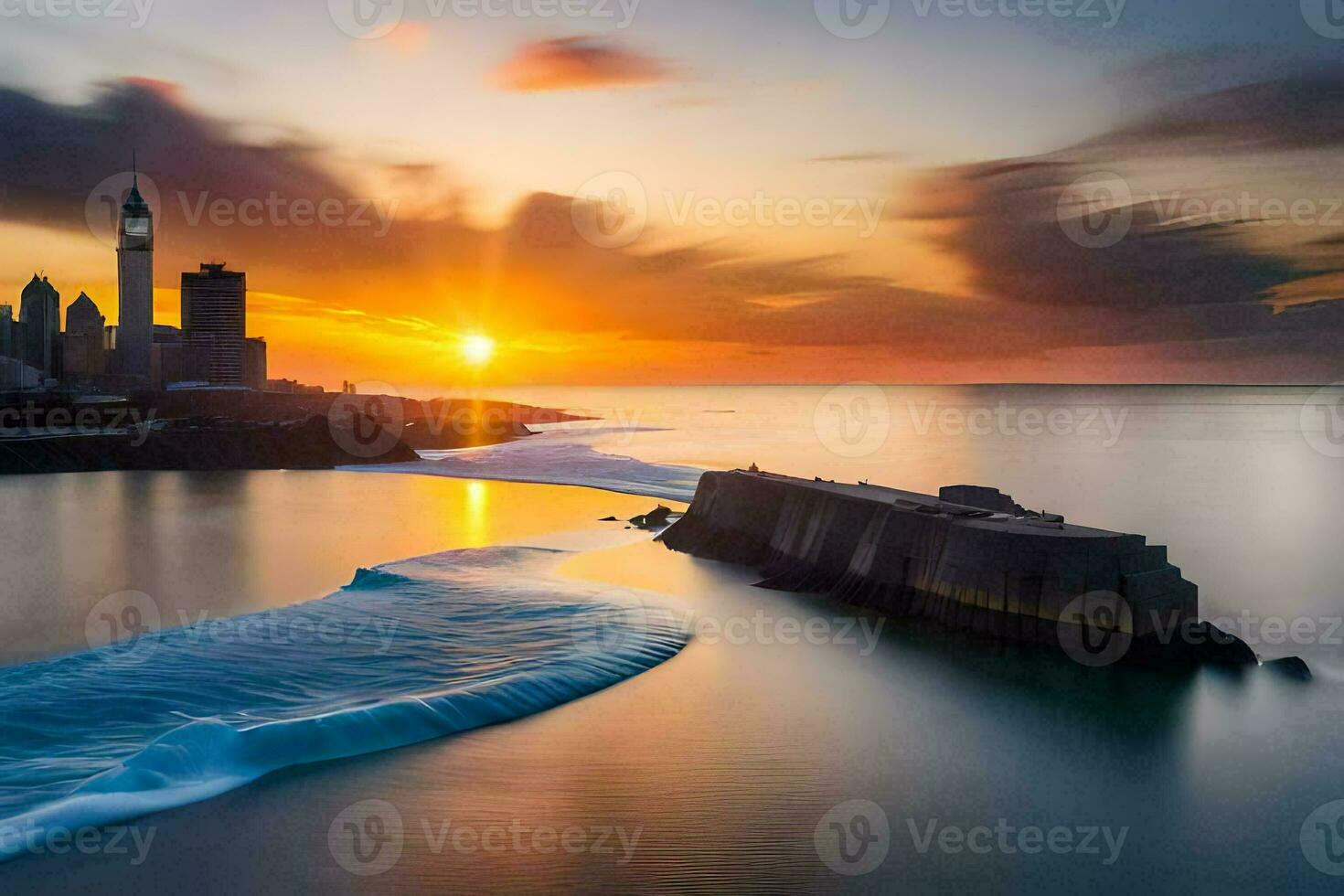 de zon sets over- de oceaan en een stad horizon. ai-gegenereerd foto