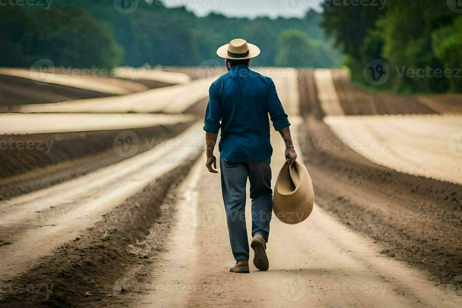 een Mens wandelen naar beneden een aarde weg met een hoed Aan. ai-gegenereerd foto