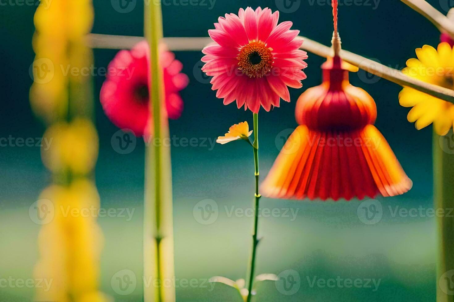 kleurrijk bloemen hangende van een bamboe pool. ai-gegenereerd foto