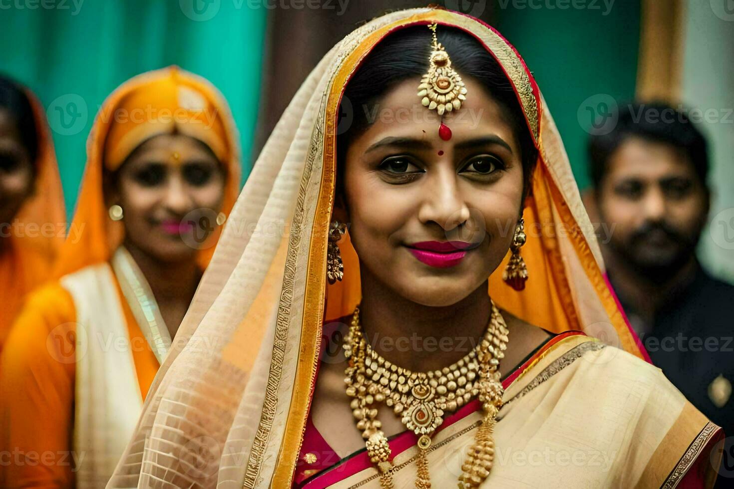 een vrouw in een sari met goud sieraden en verzinnen. ai-gegenereerd foto