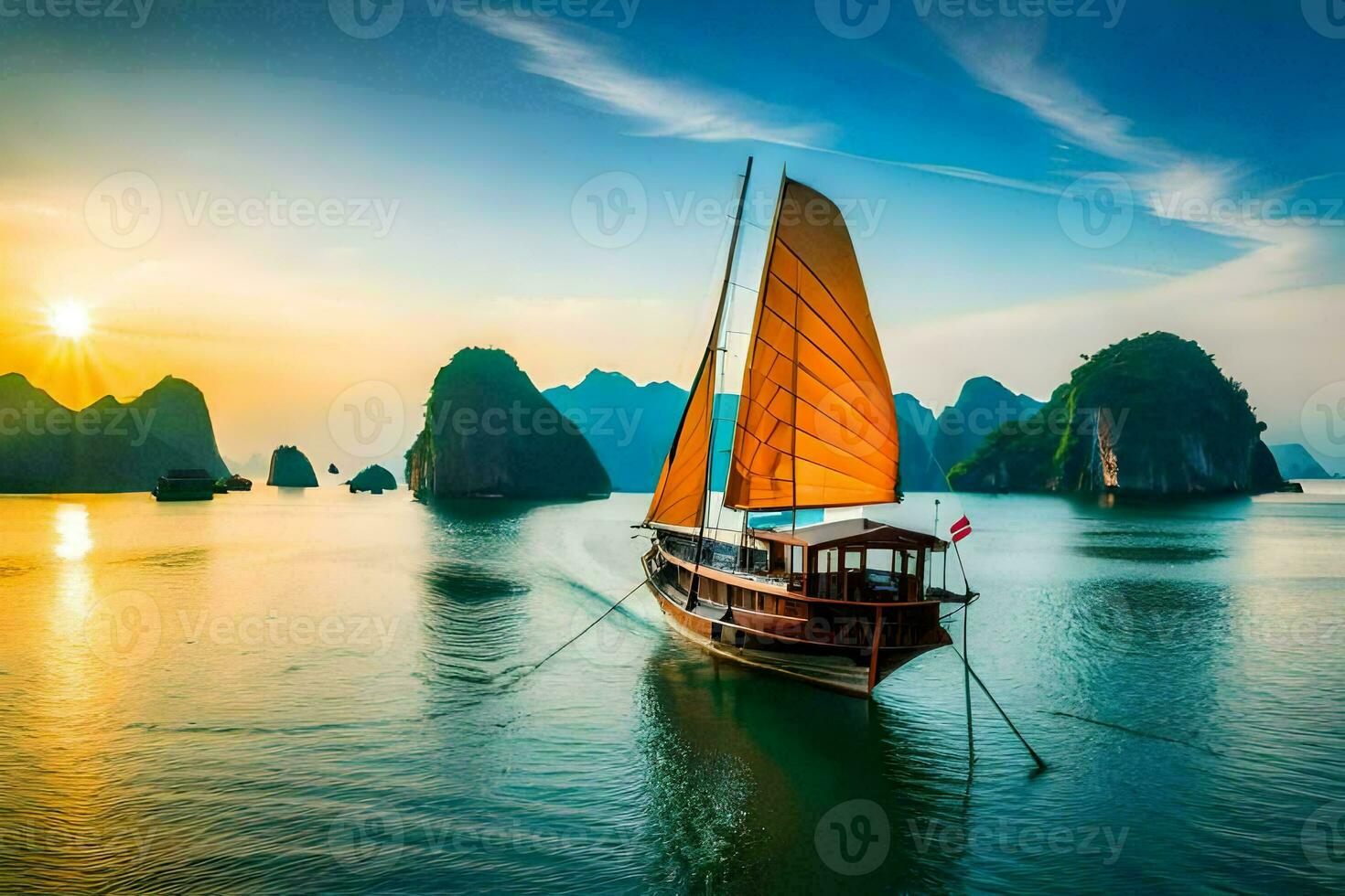 een boot met een zeil zeilen door de water. ai-gegenereerd foto