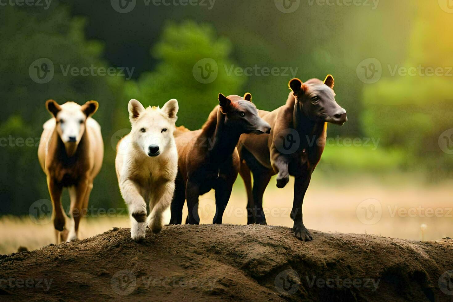 vier paarden rennen in een veld. ai-gegenereerd foto