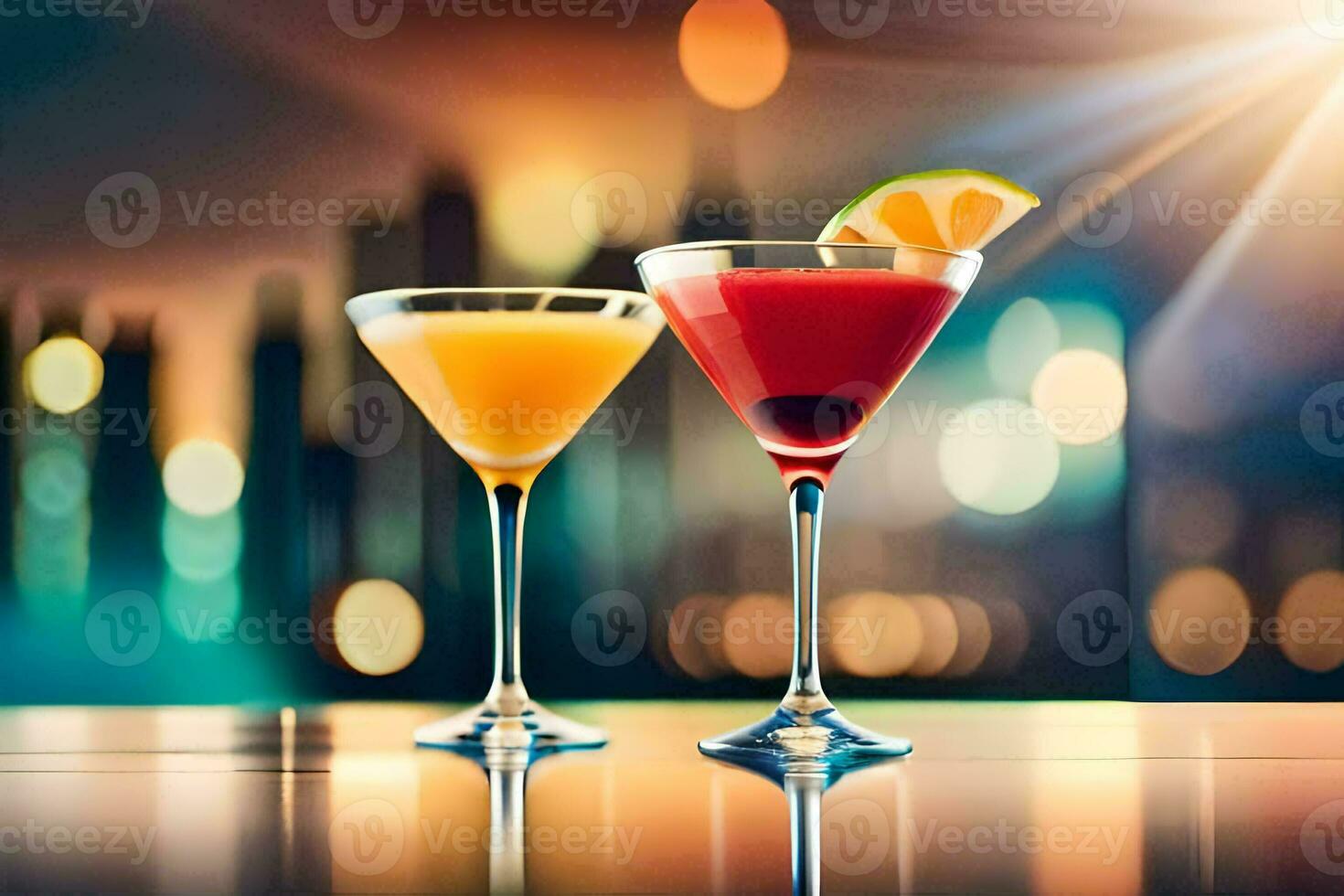 twee cocktails Aan een tafel met stad lichten in de achtergrond. ai-gegenereerd foto