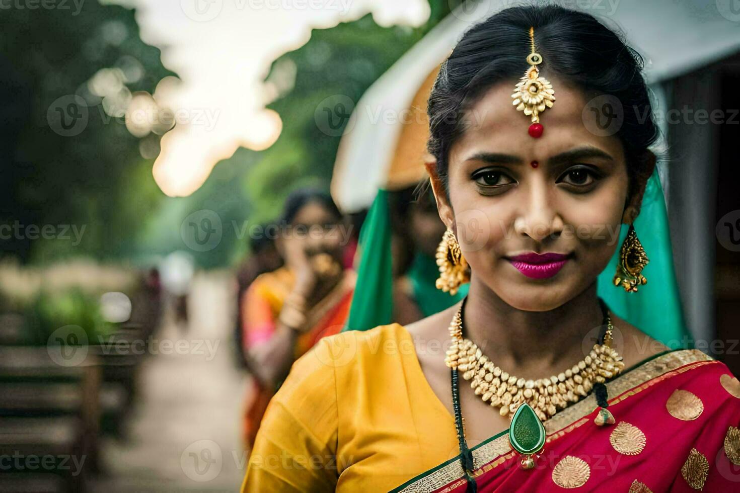 een vrouw in een sari met sieraden en sieraden. ai-gegenereerd foto