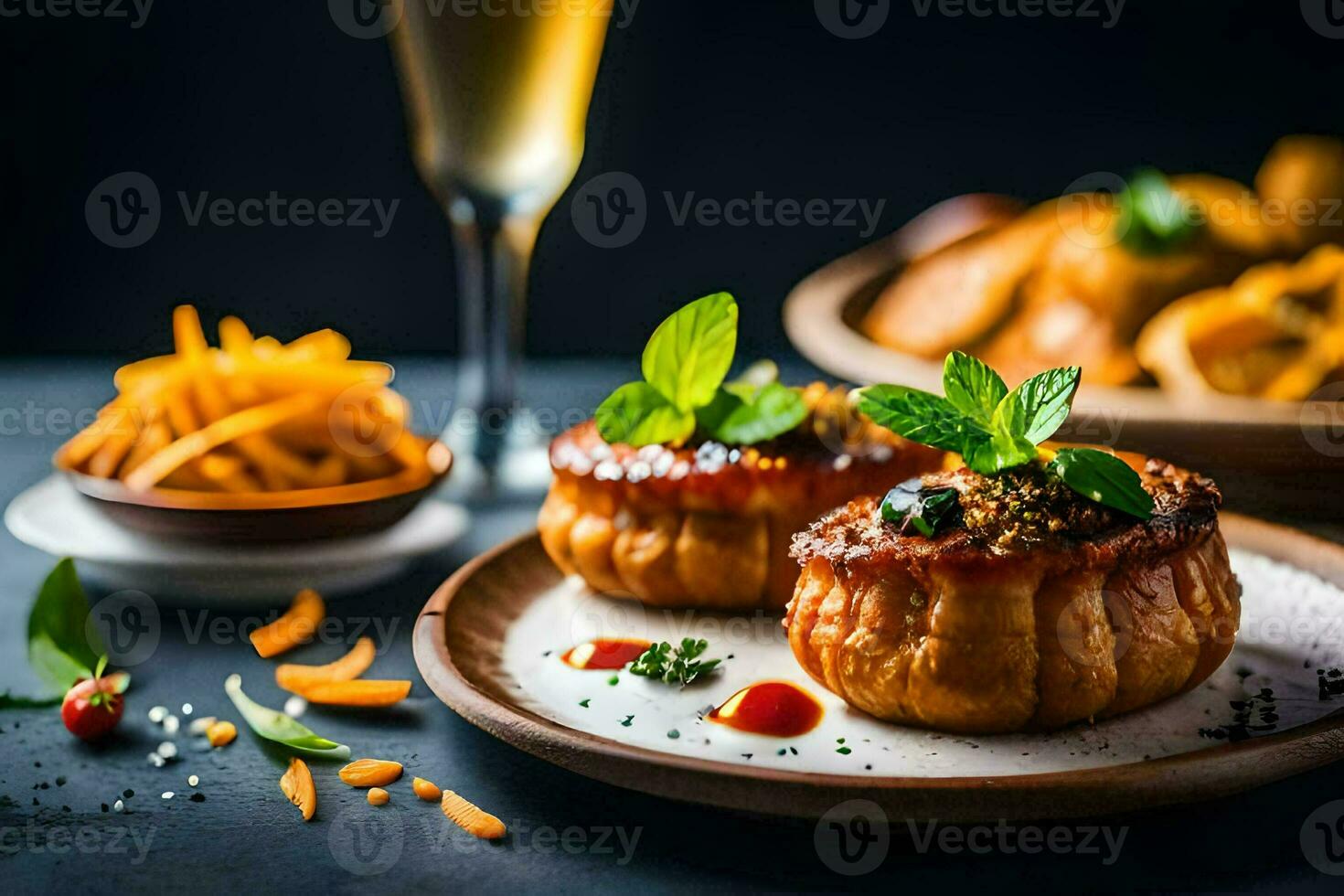 twee gevuld paprika's Aan een bord met een glas van Champagne. ai-gegenereerd foto