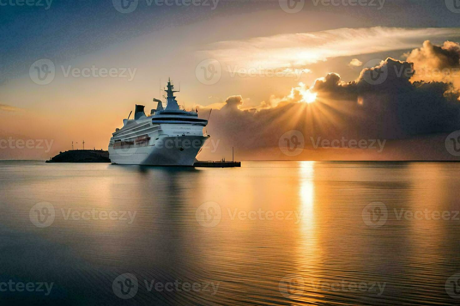 een reis schip in de oceaan Bij zonsondergang. ai-gegenereerd foto