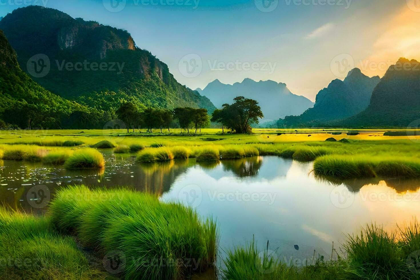 de zon stijgt over- een berg reeks en een rivier. ai-gegenereerd foto